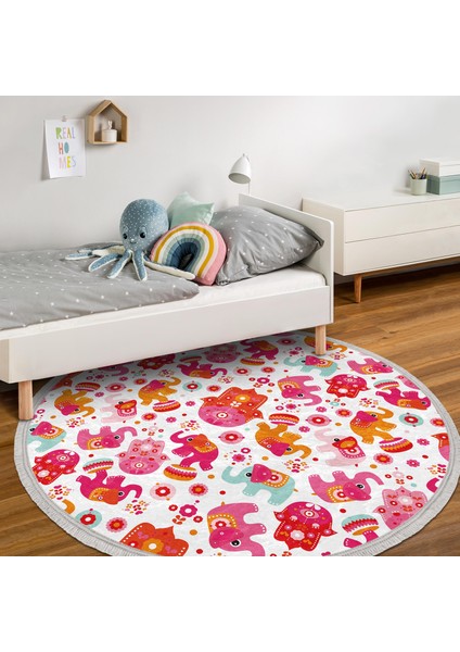 Pembe Fil Motifli Çocuk & Genç Odası Makinede Yıkanabilir Kaymaz Tabanlı Püsküllü Yuvarlak Çocuk Halısı modelleri