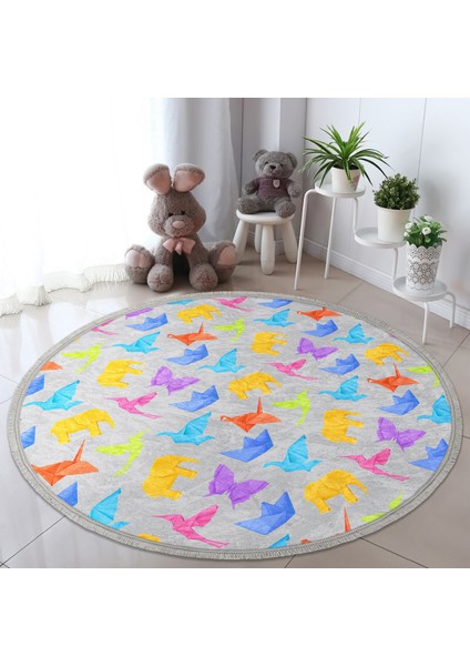 Gri Zeminli Origami Sanatı Çocuk & Genç Odası Makinede Yıkanabilir Kaymaz Tabanlı Püsküllü Yuvarlak Çocuk Halısı
