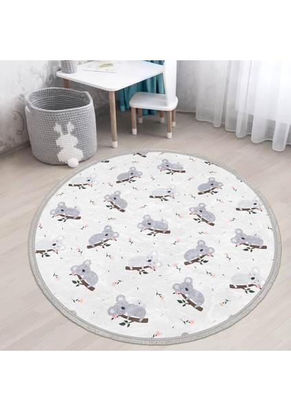 Sevimli Koala Desenli Çocuk & Genç Odası Makinede Yıkanabilir Kaymaz Tabanlı Püsküllü Yuvarlak Çocuk Halısı