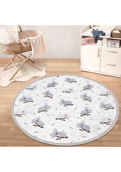 Sevimli Koala Desenli Çocuk & Genç Odası Makinede Yıkanabilir Kaymaz Tabanlı Püsküllü Yuvarlak Çocuk Halısı