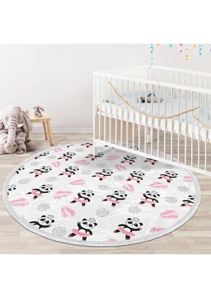 Pembe Balerin Panda Desenli Çocuk & Genç Odası Makinede Yıkanabilir Kaymaz Tabanlı Püsküllü Yuvarlak Çocuk Halısı modelleri