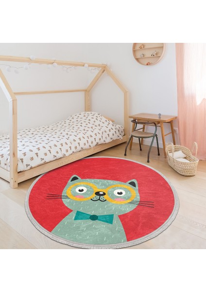 Renkli Kedi Çocuk & Genç Odası Makinede Yıkanabilir Kaymaz Tabanlı Püsküllü Yuvarlak Çocuk Halısı