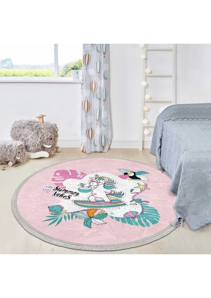 Pembe Zemin Tatil Temalı Unicorn Desenli Çocuk & Genç Odası Makinede Yıkanabilir Kaymaz Tabanlı Püsküllü Yuvarlak Çocuk Halısı