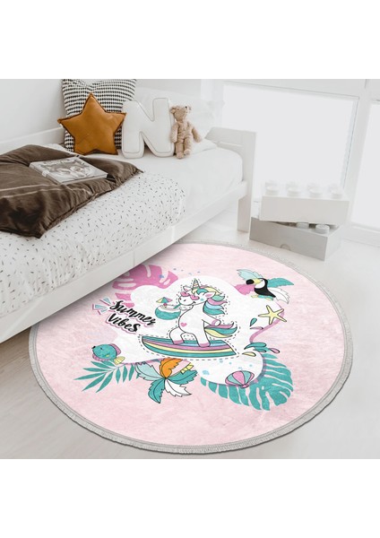 Pembe Zemin Tatil Temalı Unicorn Desenli Çocuk & Genç Odası Makinede Yıkanabilir Kaymaz Tabanlı Püsküllü Yuvarlak Çocuk Halısı fiyatları