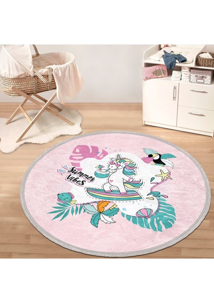 Pembe Zemin Tatil Temalı Unicorn Desenli Çocuk & Genç Odası Makinede Yıkanabilir Kaymaz Tabanlı Püsküllü Yuvarlak Çocuk Halısı modelleri