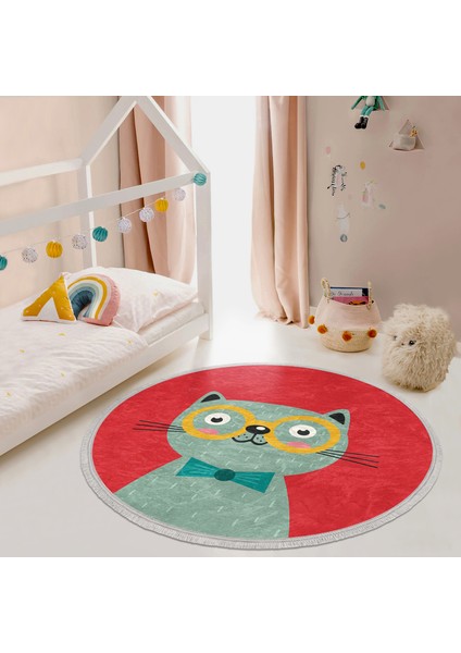 Renkli Kedi Çocuk & Genç Odası Makinede Yıkanabilir Kaymaz Tabanlı Püsküllü Yuvarlak Çocuk Halısı fiyatları