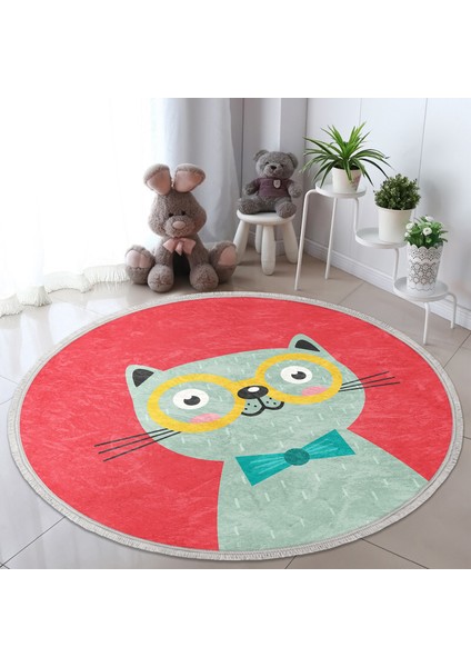 Renkli Kedi Çocuk & Genç Odası Makinede Yıkanabilir Kaymaz Tabanlı Püsküllü Yuvarlak Çocuk Halısı modelleri