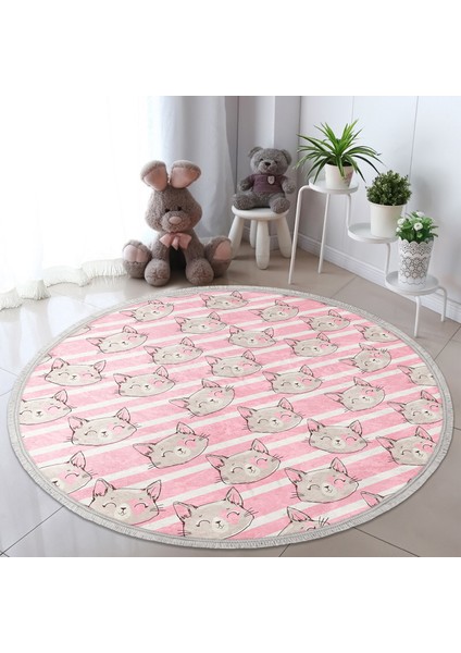 Pembe Çizgi Üzerinde Kedicikler Çocuk & Genç Odası Makinede Yıkanabilir Kaymaz Tabanlı Püsküllü Yuvarlak Çocuk Halısı modelleri