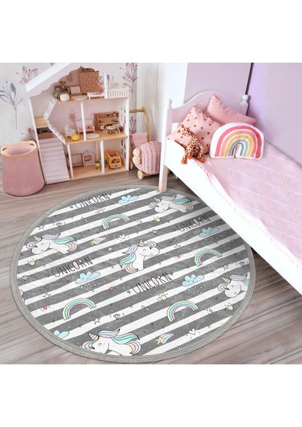 Gri Beyaz Çizgili Unicorn Atlar Çocuk & Genç Odası Makinede Yıkanabilir Kaymaz Tabanlı Püsküllü Yuvarlak Çocuk Halısı modelleri