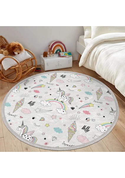Gökkuşağı Bulut ve Unicorn Desenli Çocuk & Genç Odası Makinede Yıkanabilir Kaymaz Tabanlı Püsküllü Yuvarlak Çocuk Halısı