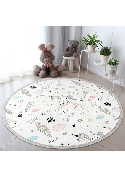 Gökkuşağı Bulut ve Unicorn Desenli Çocuk & Genç Odası Makinede Yıkanabilir Kaymaz Tabanlı Püsküllü Yuvarlak Çocuk Halısı fiyatları