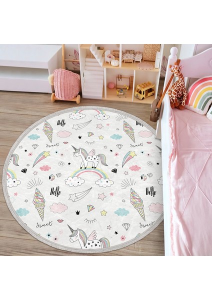 Gökkuşağı Bulut ve Unicorn Desenli Çocuk & Genç Odası Makinede Yıkanabilir Kaymaz Tabanlı Püsküllü Yuvarlak Çocuk Halısı indirimleri