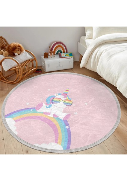 Pembe Zeminde Unicorn Tasarımlı Çocuk & Genç Odası Makinede Yıkanabilir Kaymaz Tabanlı Püsküllü Yuvarlak Çocuk Halısı