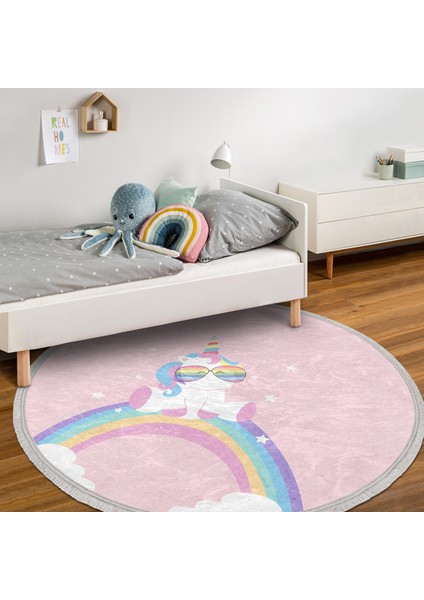 Pembe Zeminde Unicorn Tasarımlı Çocuk & Genç Odası Makinede Yıkanabilir Kaymaz Tabanlı Püsküllü Yuvarlak Çocuk Halısı