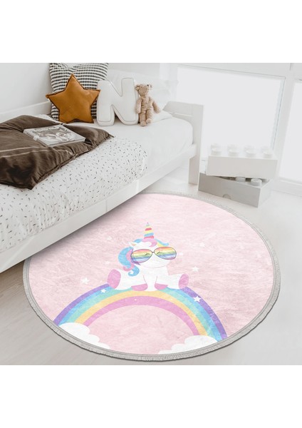 Pembe Zeminde Unicorn Tasarımlı Çocuk & Genç Odası Makinede Yıkanabilir Kaymaz Tabanlı Püsküllü Yuvarlak Çocuk Halısı