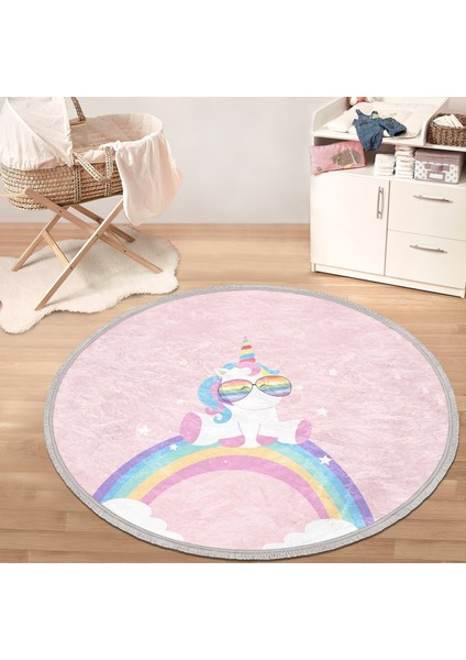 Pembe Zeminde Unicorn Tasarımlı Çocuk & Genç Odası Makinede Yıkanabilir Kaymaz Tabanlı Püsküllü Yuvarlak Çocuk Halısı