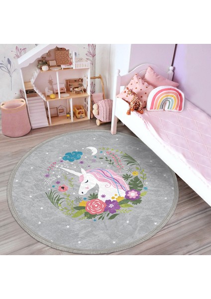 Gri Zeminde Unicorn At Desenli Çocuk & Genç Odası Makinede Yıkanabilir Kaymaz Tabanlı Püsküllü Yuvarlak Çocuk Halısı