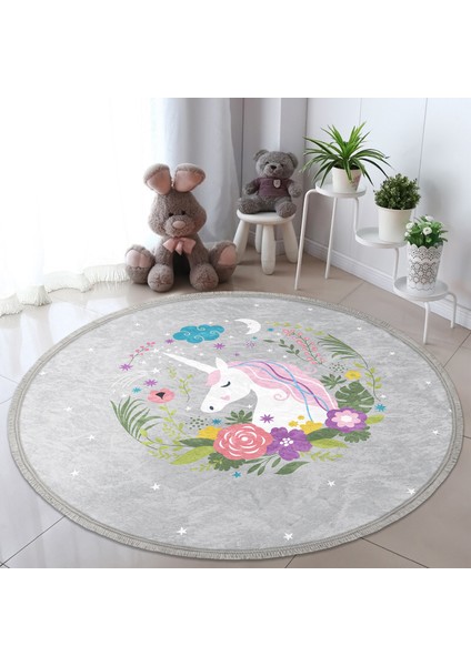 Gri Zeminde Unicorn At Desenli Çocuk & Genç Odası Makinede Yıkanabilir Kaymaz Tabanlı Püsküllü Yuvarlak Çocuk Halısı fiyatları
