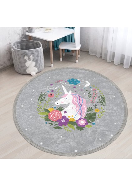 Gri Zeminde Unicorn At Desenli Çocuk & Genç Odası Makinede Yıkanabilir Kaymaz Tabanlı Püsküllü Yuvarlak Çocuk Halısı modelleri