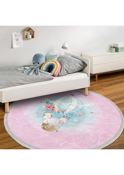 Pembe Zeminde Uçan Balon Desenli Çocuk & Genç Odası Makinede Yıkanabilir Kaymaz Tabanlı Püsküllü Yuvarlak Çocuk Halısı