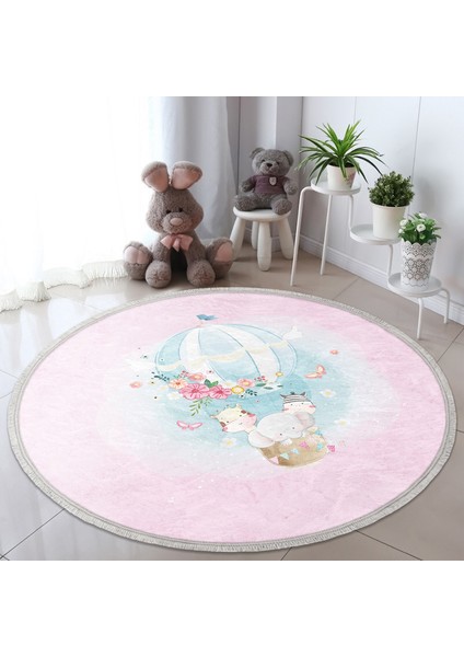 Pembe Zeminde Uçan Balon Desenli Çocuk & Genç Odası Makinede Yıkanabilir Kaymaz Tabanlı Püsküllü Yuvarlak Çocuk Halısı