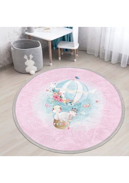 Pembe Zeminde Uçan Balon Desenli Çocuk & Genç Odası Makinede Yıkanabilir Kaymaz Tabanlı Püsküllü Yuvarlak Çocuk Halısı