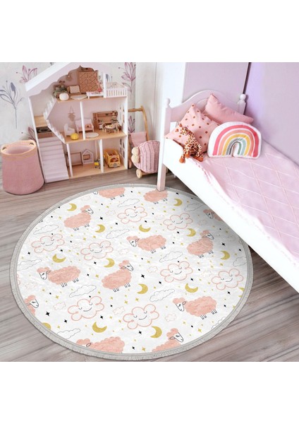 Pembe Keçi Motifli Çocuk & Genç Odası Makinede Yıkanabilir Kaymaz Tabanlı Püsküllü Yuvarlak Çocuk Halısı fiyatları