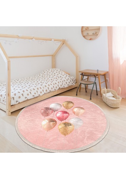 Pembe Zeminli Balonlar Desenli Çocuk & Genç Odası Makinede Yıkanabilir Kaymaz Tabanlı Püsküllü Yuvarlak Çocuk Halısı fiyatları