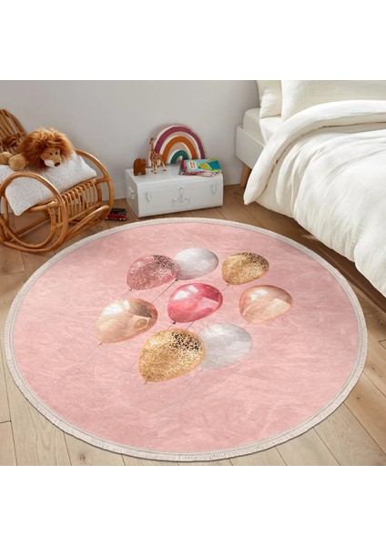 Pembe Zeminli Balonlar Desenli Çocuk & Genç Odası Makinede Yıkanabilir Kaymaz Tabanlı Püsküllü Yuvarlak Çocuk Halısı modelleri