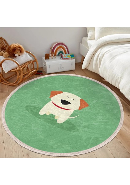 Köpek Desenli Çocuk & Genç Odası Makinede Yıkanabilir Kaymaz Tabanlı Püsküllü Yuvarlak Çocuk Halısı