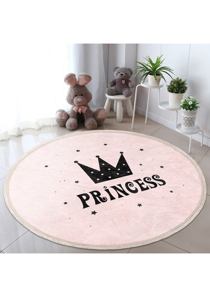Pembe Zeminli Princess Yazılı Çocuk & Genç Odası Makinede Yıkanabilir Kaymaz Tabanlı Püsküllü Yuvarlak Çocuk Halısı