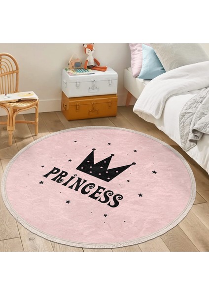 Pembe Zeminli Princess Yazılı Çocuk & Genç Odası Makinede Yıkanabilir Kaymaz Tabanlı Püsküllü Yuvarlak Çocuk Halısı fiyatları