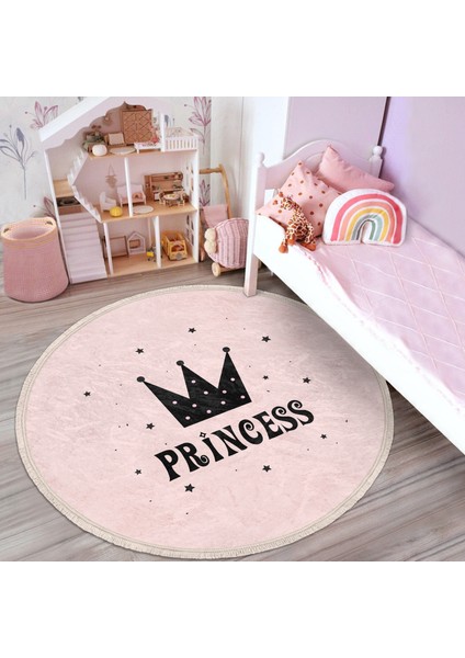 Pembe Zeminli Princess Yazılı Çocuk & Genç Odası Makinede Yıkanabilir Kaymaz Tabanlı Püsküllü Yuvarlak Çocuk Halısı modelleri