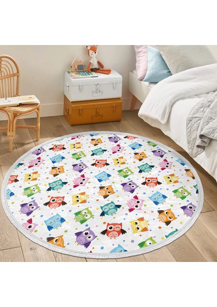 Baykuş Desen Çocuk & Genç Odası Makinede Yıkanabilir Kaymaz Tabanlı Püsküllü Yuvarlak Çocuk Halısı