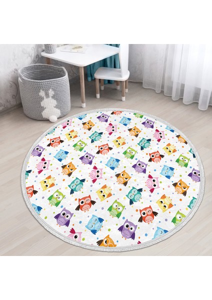 Baykuş Desen Çocuk & Genç Odası Makinede Yıkanabilir Kaymaz Tabanlı Püsküllü Yuvarlak Çocuk Halısı fiyatları