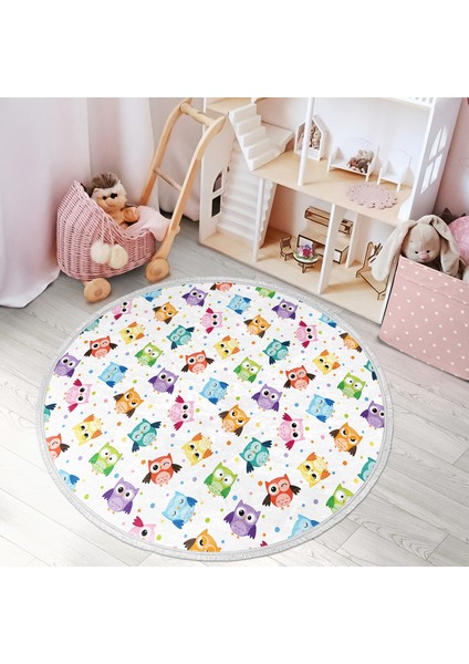 Baykuş Desen Çocuk & Genç Odası Makinede Yıkanabilir Kaymaz Tabanlı Püsküllü Yuvarlak Çocuk Halısı modelleri