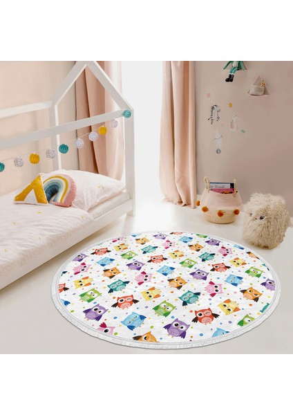 Baykuş Desen Çocuk & Genç Odası Makinede Yıkanabilir Kaymaz Tabanlı Püsküllü Yuvarlak Çocuk Halısı indirimleri