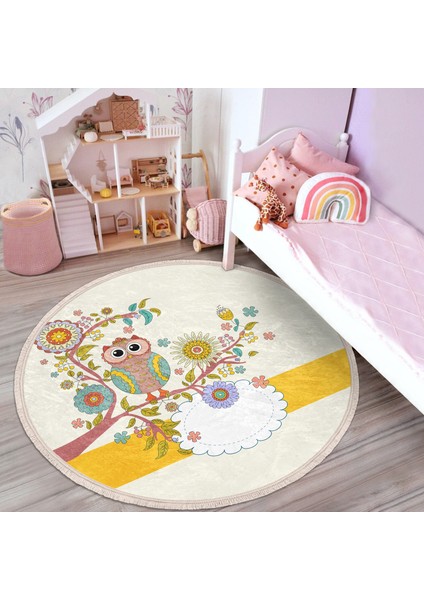 Baykuş Desenli Çocuk & Genç Odası Makinede Yıkanabilir Kaymaz Tabanlı Püsküllü Yuvarlak Çocuk Halısı
