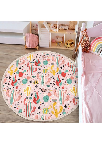 Pembe Zeminli Kaktüs Tasarımlı Çocuk & Genç Odası Makinede Yıkanabilir Kaymaz Tabanlı Püsküllü Yuvarlak Çocuk Halısı