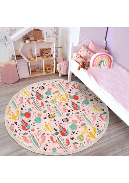 Pembe Zeminli Kaktüs Tasarımlı Çocuk & Genç Odası Makinede Yıkanabilir Kaymaz Tabanlı Püsküllü Yuvarlak Çocuk Halısı modelleri