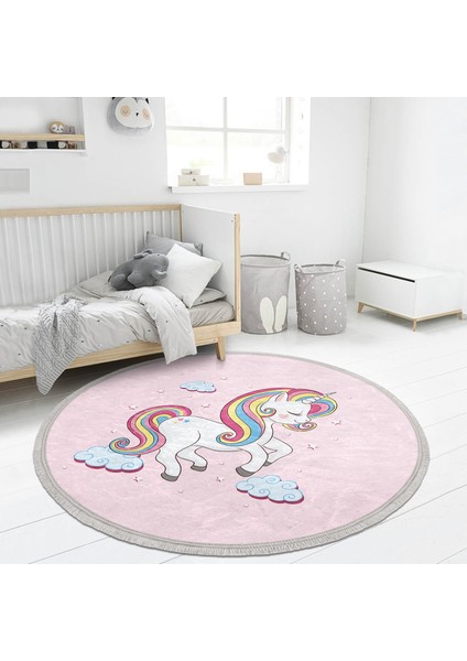 Pembe Zeminde Unicorn Motifli Çocuk & Genç Odası Makinede Yıkanabilir Kaymaz Tabanlı Püsküllü Yuvarlak Çocuk Halısı