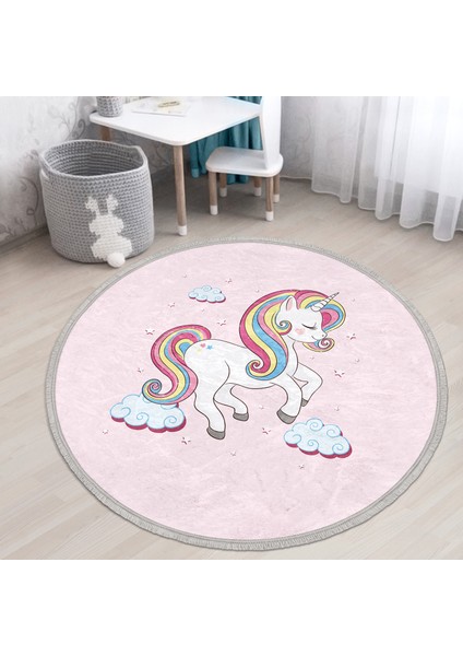 Pembe Zeminde Unicorn Motifli Çocuk & Genç Odası Makinede Yıkanabilir Kaymaz Tabanlı Püsküllü Yuvarlak Çocuk Halısı fiyatları