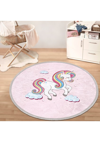 Pembe Zeminde Unicorn Motifli Çocuk & Genç Odası Makinede Yıkanabilir Kaymaz Tabanlı Püsküllü Yuvarlak Çocuk Halısı indirimleri