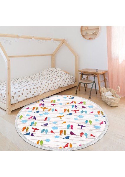 Renkli Kuş Temalı Çocuk & Genç Odası Makinede Yıkanabilir Kaymaz Tabanlı Püsküllü Yuvarlak Çocuk Halısı