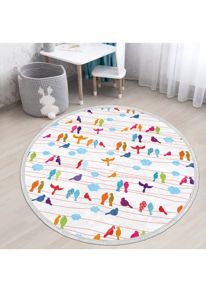 Renkli Kuş Temalı Çocuk & Genç Odası Makinede Yıkanabilir Kaymaz Tabanlı Püsküllü Yuvarlak Çocuk Halısı fiyatları