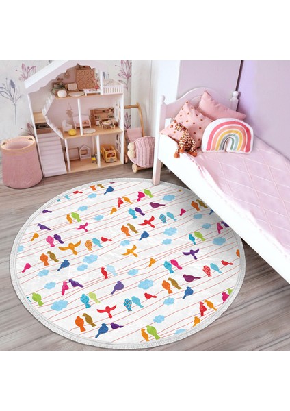 Renkli Kuş Temalı Çocuk & Genç Odası Makinede Yıkanabilir Kaymaz Tabanlı Püsküllü Yuvarlak Çocuk Halısı indirimleri