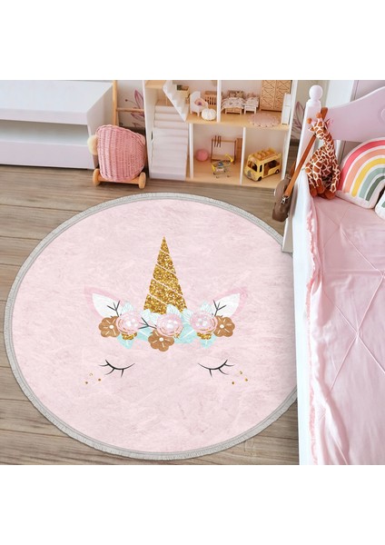 Pembe Zeminde Magic Unicorn Tasarımlı Çocuk & Genç Odası Makinede Yıkanabilir Kaymaz Tabanlı Püsküllü Yuvarlak Çocuk Halısı