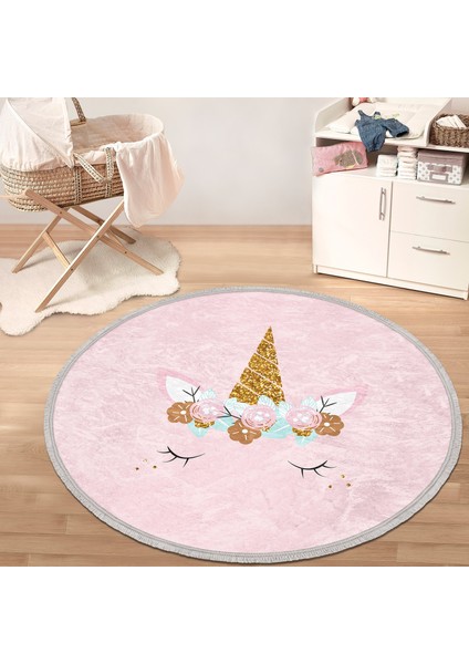 Pembe Zeminde Magic Unicorn Tasarımlı Çocuk & Genç Odası Makinede Yıkanabilir Kaymaz Tabanlı Püsküllü Yuvarlak Çocuk Halısı modelleri