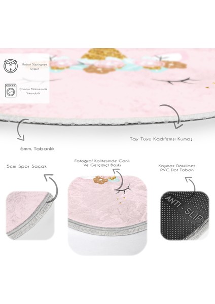 Pembe Zeminde Magic Unicorn Tasarımlı Çocuk & Genç Odası Makinede Yıkanabilir Kaymaz Tabanlı Püsküllü Yuvarlak Çocuk Halısı fırsatları