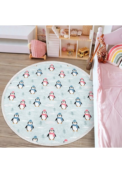 Atkılı Penguen Desenli Çocuk & Genç Odası Makinede Yıkanabilir Kaymaz Tabanlı Püsküllü Yuvarlak Çocuk Halısı